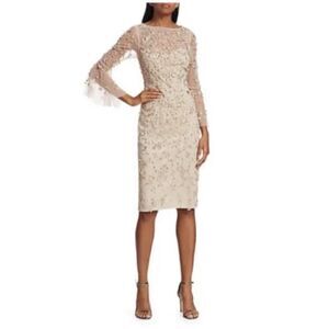 THEIA Hand-Beaded & Petal Applique 3/4 Bell-Sleeve Dress Women’s SIZE 4